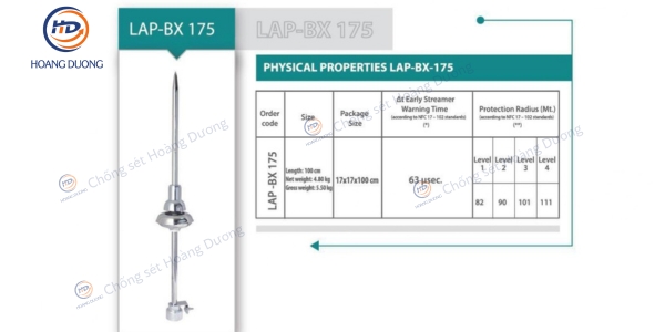 Thông số kỹ thuật kim thu sét Liva Lap BX175. Thổ Nhĩ Kỳ